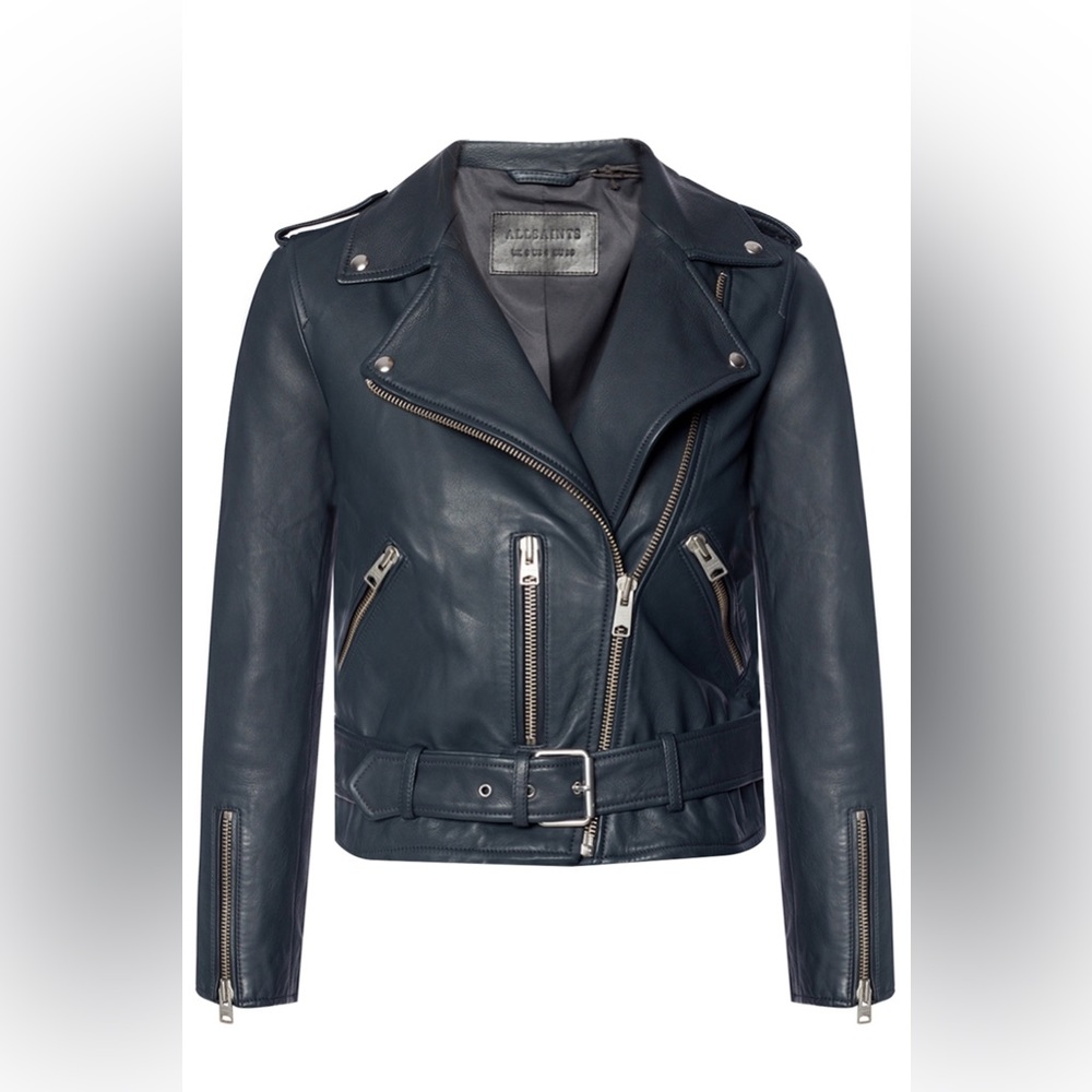 All Saints Balfern leather jacket in midnight blue
